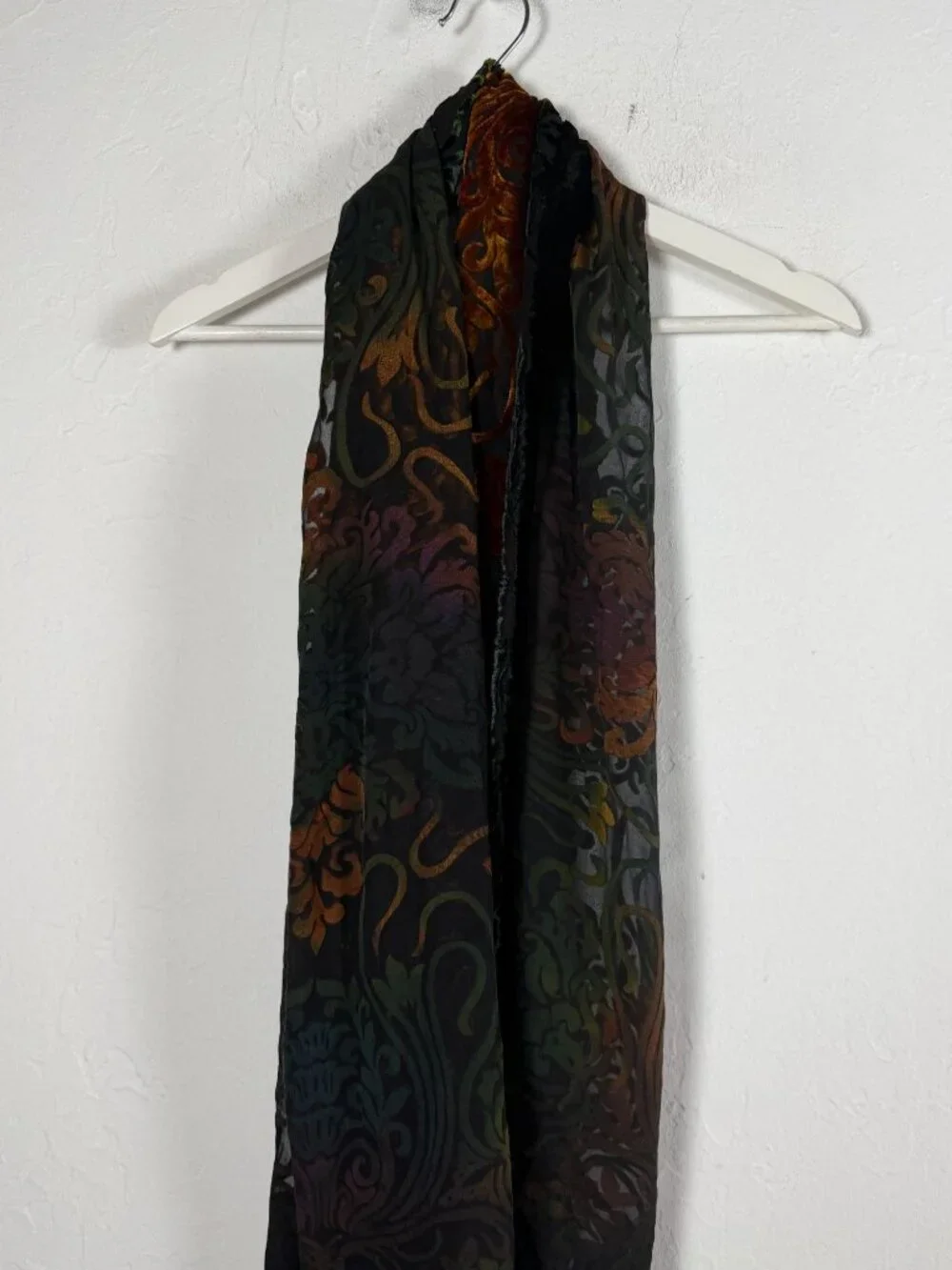 Silk Burnout Velvet Scarf Floral Scroll Jewel Tone Black 64x21 Lightweight Boho